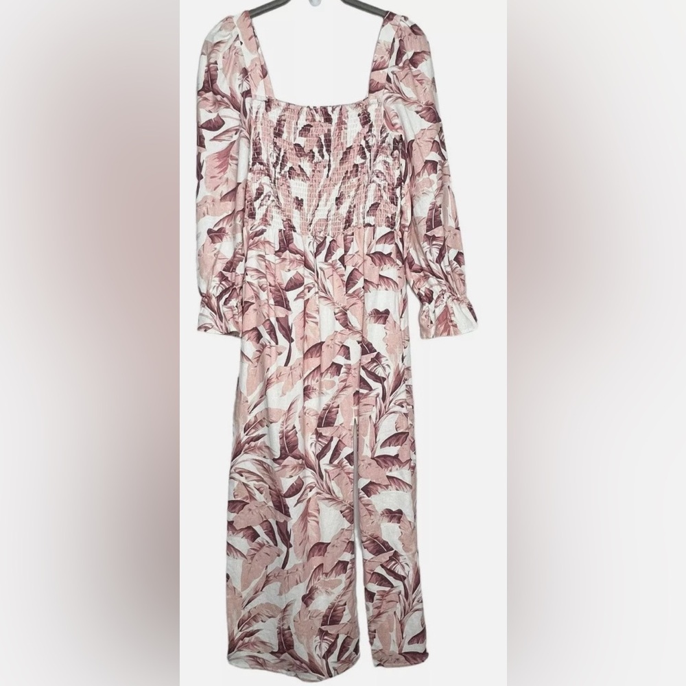 House of Harlow 1960 Linen Smocked Pink Palm Bishop Sleeve Midi Dress Size Small